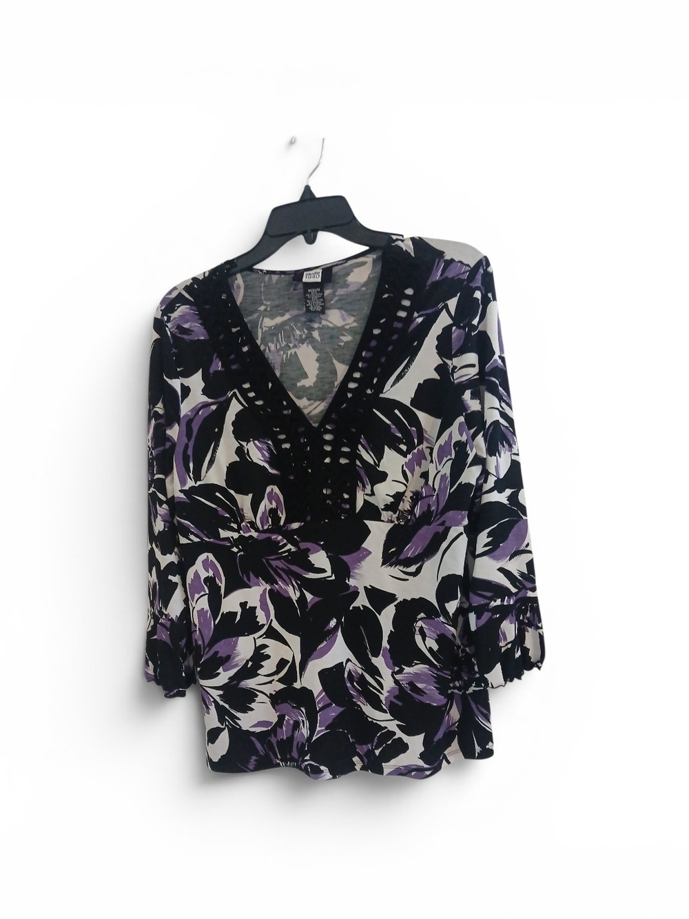 Purple, Black and White Floral V-Neck Blouse